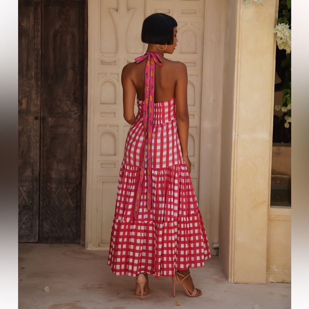 NWT Mo Maya Runa Gingham Check and Leopard Strap Print Maxi Dress Sz XS - Picture 8 of 16